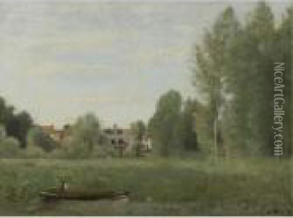 Environs De Mantes, Petites Habitations Cachees Dans Les Arbes Pres Du Bord De L'eau Oil Painting - Jean-Baptiste-Camille Corot