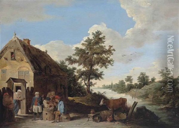 Figures Drinking And Playing Outside A Cottage, With A Cow On A Riverbank, A Church Beyond Oil Painting - David Teniers Iv