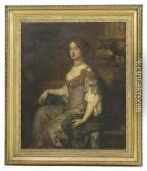 Portrait Of Queen Mary Ii As 
Princess Of Orange, Seatedthree-quarter-length, In A Blue Silk Dress, A 
Vase Of Flowersbehind Oil Painting - Sir Peter Lely