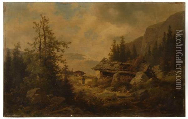 Derelict Mountain Cabin. Oil Painting - Josef Thoma