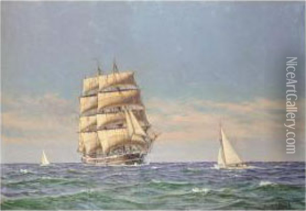 A Tall Ship With Sailing Boats Oil Painting - Christian Bogo