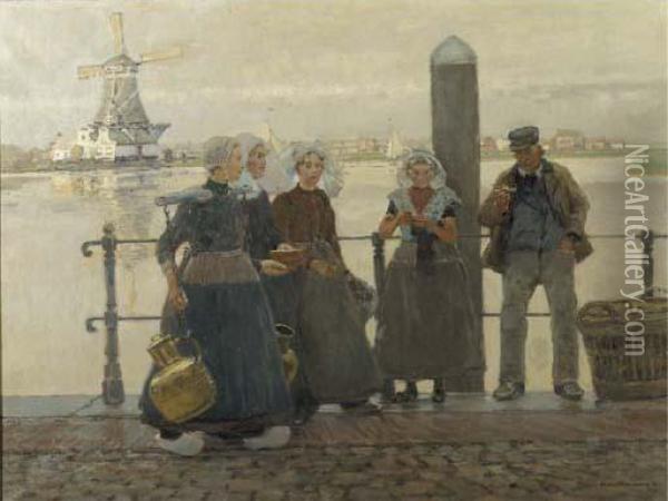 Bei Dordrecht: Fisherfolk Conversing On A Quay Oil Painting - Hans Hermann