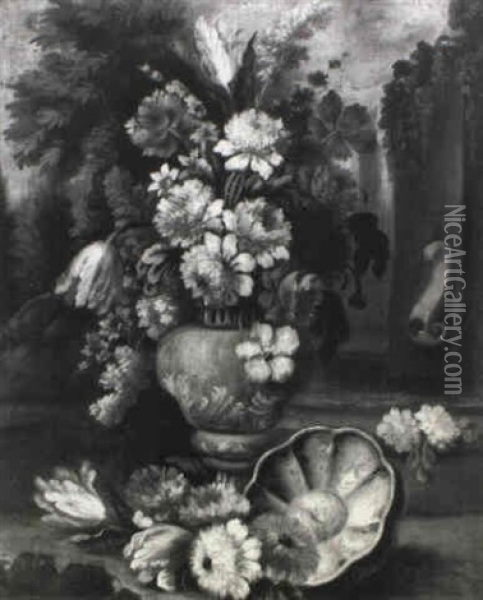 Tulips, Roses, Carnations, Dahlias, Narcissi And Other      Flowers In An Urn In A Garden Oil Painting - Jan-Baptiste Bosschaert