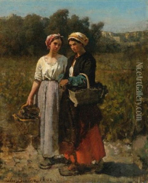 Two Young Women Picking Grapes (study For The Vintage At Chateau Lagrange) Oil Painting - Jules Breton