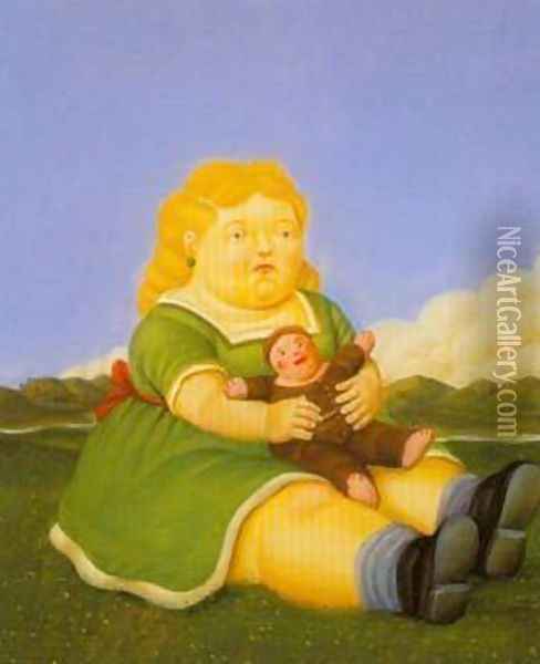 Girl With Puppet 1996 Oil Painting - Fernando Botero