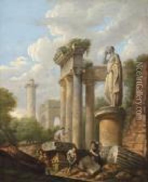 Architectural Capriccio With 
Figures Excavating Classical Ruins Trajan's 
Column Beyond Oil Painting - Giovanni Niccolo Servandoni