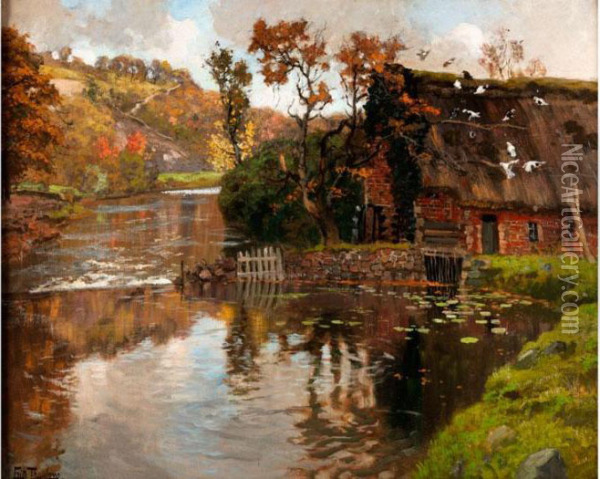 Strohgedeckte Hutte Am Fluss Oil Painting - Fritz Thaulow