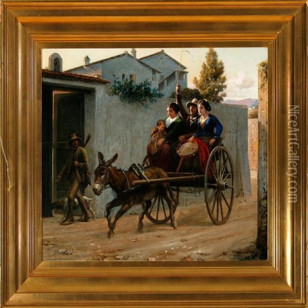 Italian Street Scenewith A Young Woman On A Donkey Cart Oil Painting - Wilhelm Marstrand
