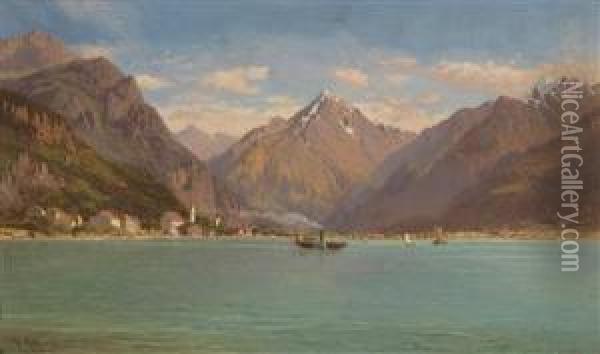 View Of Fluelen On Lake Lucerne Oil Painting - Francois Roffiaen