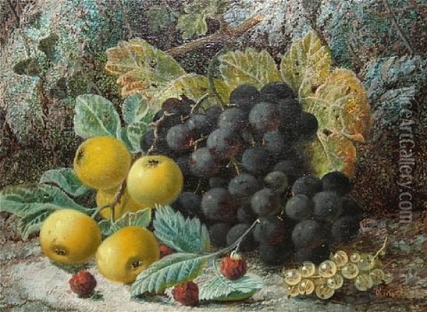 Black Grapes, Apples, White Currants And Raspberries Against A Mossy Bank Oil Painting - Oliver Clare