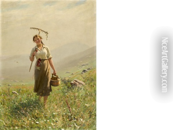 A Young Woman In The Meadow Oil Painting - Hans Dahl