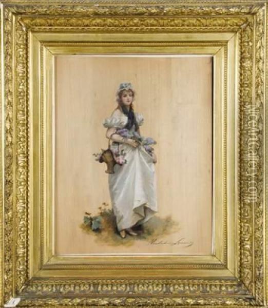 Jeune Femme Portant Un Panier A Fleurs Oil Painting - Madeleine Jeanne Lemaire