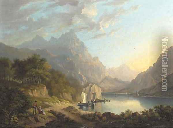 Figures before a mooring at an Alpine lake Oil Painting - English School