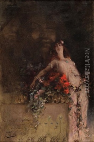 Sarah Bernhardt Debout Dans Un Decor Theatral Oil Painting - Georges Jules Victor Clairin