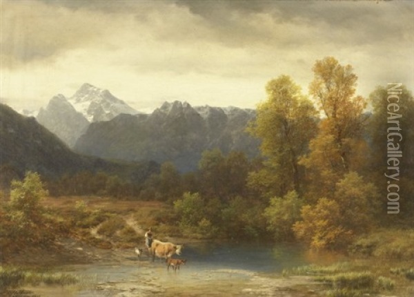 Gebirgslandschaft Mit See Und Kleinherde In Den Salzachauen Bei Salzburg Oil Painting - Karl Millner