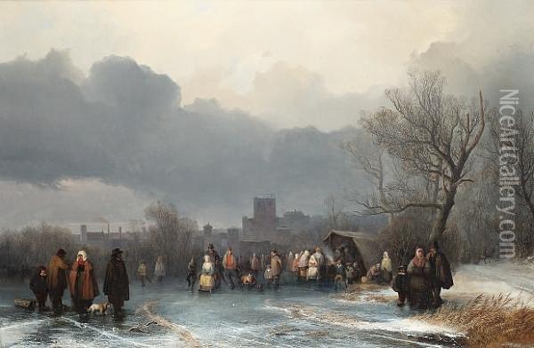 Winter Scene With Figures Skating Before A Town Oil Painting - August Richard Zimmermann