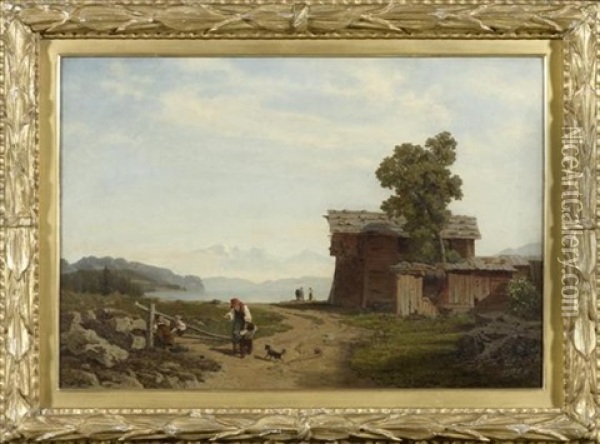 Bauernfamilie Vor Einem Bauernhaus In Einer Weiten Seelandschaft Oil Painting - Jost Meyer-Am Rhyn