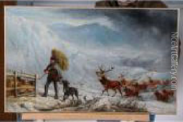  Laharde De Cerfs Dans La Montagne Pres De La Bergerie  Oil Painting - Byron Webb