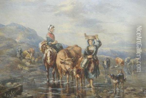 Figures With Cattle, Horses And Sheep Crossing Highland River Oil Painting - John Frederick Tayler