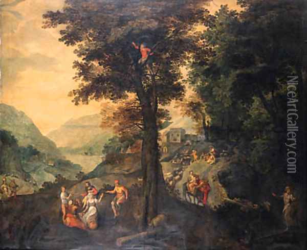 The Flight into Egypt with peasants resting under a tree nearby and a shepherd with his flock on a road beyond, a valley in the distance Oil Painting - Gillis Mostaert