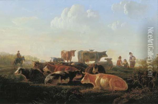 A Pastoral Landscape With Cattle By A River Bank, With Herdsmen And A Horseman Oil Painting - Jacob Van Stry