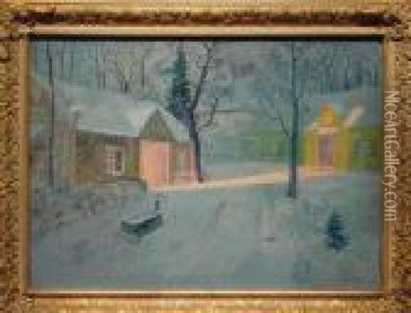 Snow Covered Country Road And The Village At Night: Two Oil Painting - Svend Rasmussen Svendsen