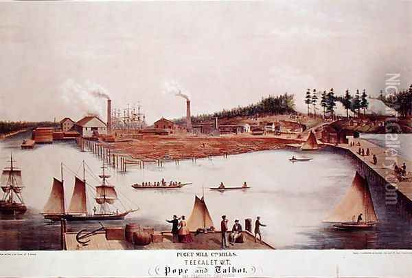View of the Puget Mill Companys Lumber Mill in Teekalet Oil Painting - T. Grob