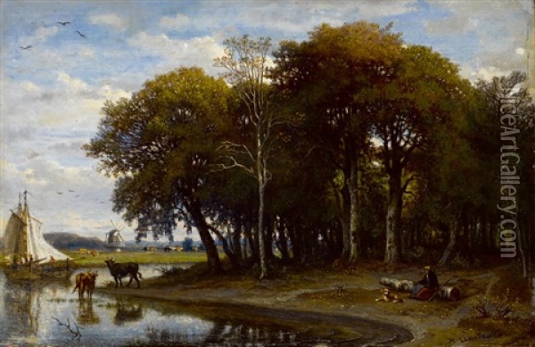 Flusslandschaft Bei Barbizon Oil Painting - Felix-Hippolyte Lanoue