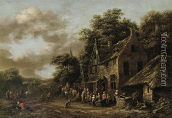 A Village Scene With Numerous Peasants Outside A Tavern Oil Painting - Barent Gael