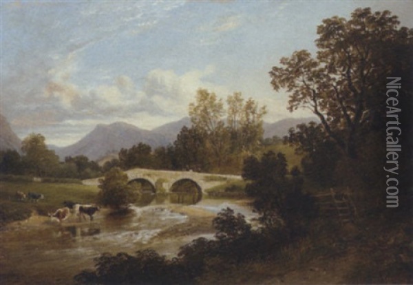 Cattle By A Bridge Oil Painting - Arthur Perigal the Younger