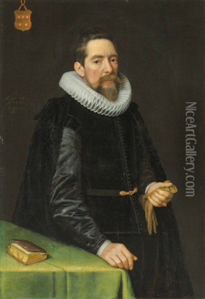 Portrait Of Nicolaes Gael (1565-1638), Three-quarter Length, Standing By A Table With A Book Oil Painting - Michiel Janszoon van Mierevelt