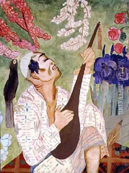 Japanese Man Playing a Lute Oil Painting - Nadezhda Vladimirovna Lermontova