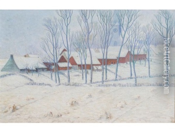 Snowy Village Scene With Church Oil Painting - William Degouve de Nuncques