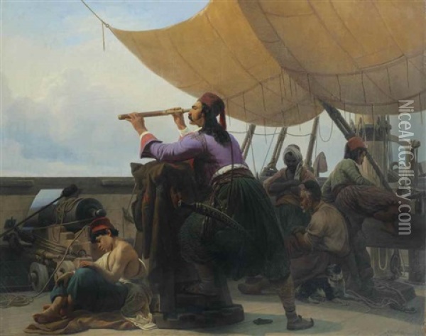 Turkish Sailors On Watch Oil Painting - Niels Simonsen