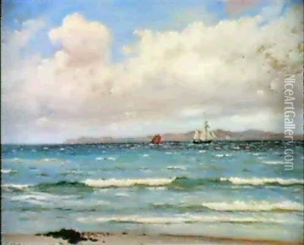 Marine Med Sejlskibe Ud For Kysten Oil Painting - Carl Ludvig Thilson Locher