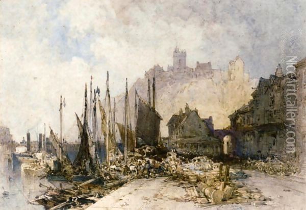 The Fish Market, Folkestone Harbour Oil Painting - William Callow