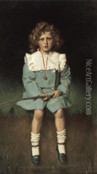 Lille Pige I Gr+n Kjole Siddende Med Fiskestang Oil Painting - Edward Patry
