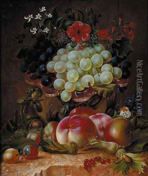 Grapes, peaches, plums, cobnuts, redcurrants, summer flowers Oil Painting - William John Wainwright