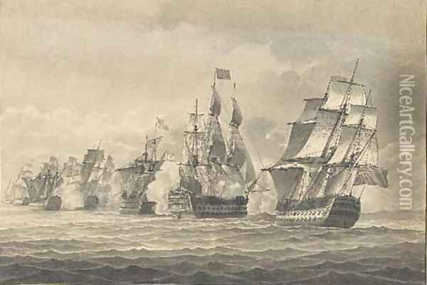 A naval engagement with a Britsh man o'war firing a broadside Oil Painting - English School