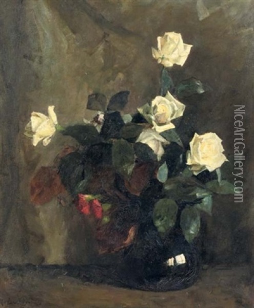 White Roses In A Black Vase Oil Painting - Floris Arntzenius