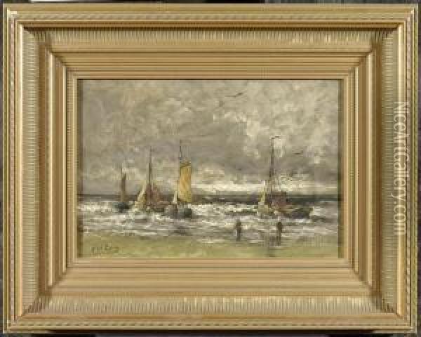 Fishermen On The Coast With Sailing Boats On The Sea Oil Painting - Gerard Van Der Laan