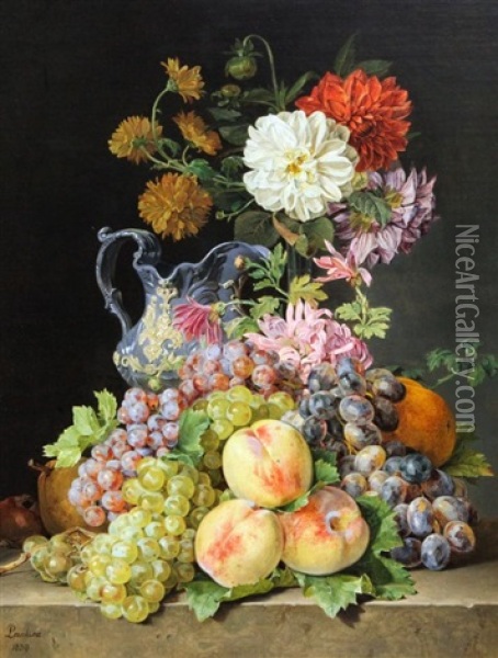 Still Lifes Of Fruit And Flowers On Stone Ledges (pair) Oil Painting - Pauline Von Koudelka-Schmerling