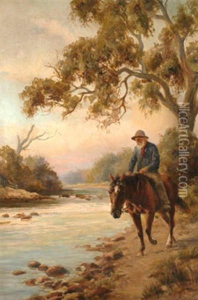 Man On Horseback By The River Oil Painting - Jan Hendrik Scheltema
