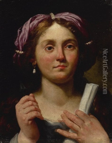 A Portrait Of A Lady, Possibly A Sibyl, Bust Length, Holding An Arrow And A Scroll Oil Painting - Lorenzo Pasinelli