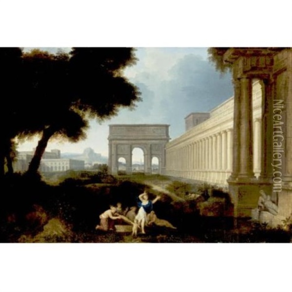 Classical Figures In An Architectural Landscape Oil Painting - Jean (Lemaire-Poussin) Lemaire