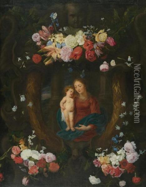 Floral Garland Around A Medallion With Mary And Jesus Oil Painting - Jan Philip van Thielen