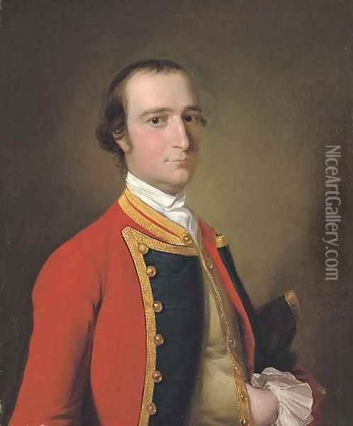 Portrait of a gentleman, traditionally identified as Alexander Baillie of the First Foot, half-length, in military uniform, a hat under his left arm Oil Painting - Josepf Wright Of Derby