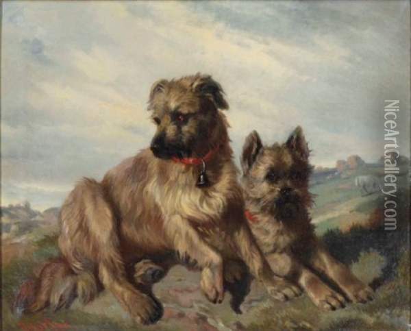 Two Cairn Terriers In A Landscape Oil Painting - Carl Fredrik Kiorboe