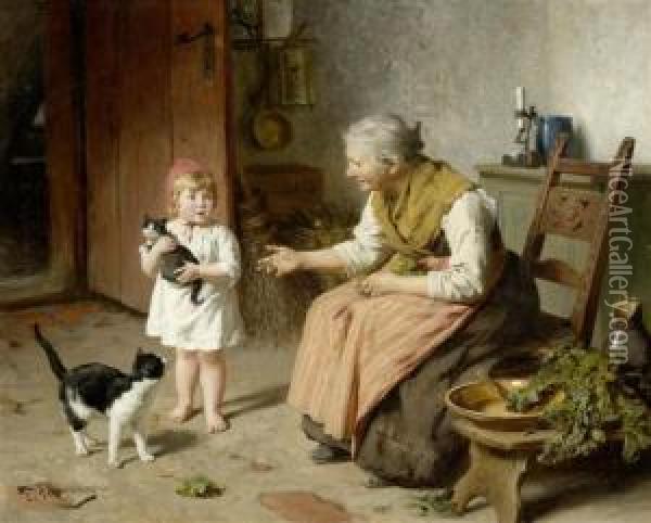 Grandmother Playing With Her Granddaughter Oil Painting - Felix Schlesinger