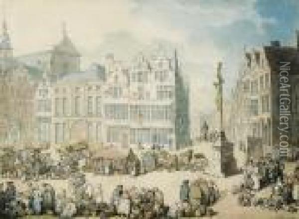 La Place De Mer, Antwerp Oil Painting - Thomas Rowlandson